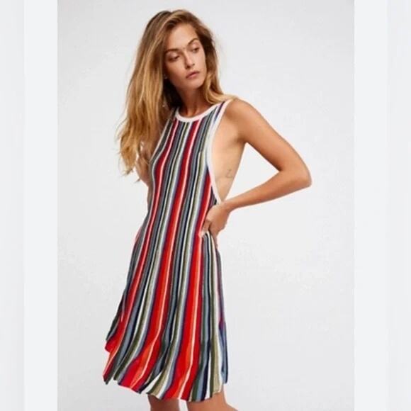 Free People Womens Dress Sz S Rainbow Dragon Metallic Striped Mini Sweater - Picture 2 of 10